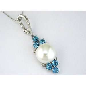  Womens Diamond & Blue Topaz & Pearl Necklace in 14K white 