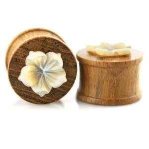   Of Pearl Flower Shells On Wooden Plug Earrings   Gauge 16mm / 5/8