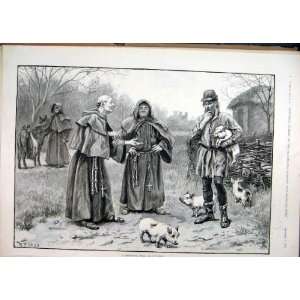  1891 Country Scene Monks Man Pig Donkey Basket Print: Home 