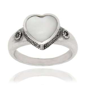   Silver Marcasite and Mother of Pearl Heart Ring, Size 7 Jewelry