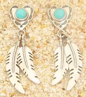 Pollack Relios  Southwest Turquoise Sterling Heart Feather Dangle 