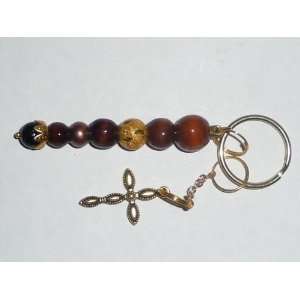  Handcrafted Bead Key Fob   Brown, Gold*/Gold*/Cross 