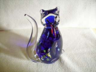 Italian Murano Art Glass Millefiori Clear~Blue Glass Cat (Sticker 