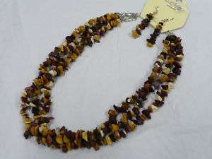 Brown Chip Bead Multi Strand Necklace Earring Set  