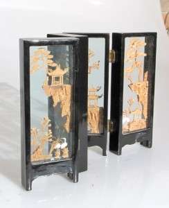 CHINESE DESK TOP FOLDING SCREEN CARVED CORK GLASS WOOD  