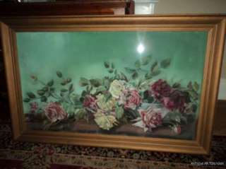 ANTIQUE Victorian HUGE ROSES PASTEL Original Painting Signed M. KEITH 