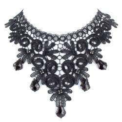 Silvertone Beaded Black Lace Fabric Bib Necklace  