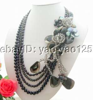 Excellent! 4Strds Black Pearl&Shell Flower&Crystal Necklace