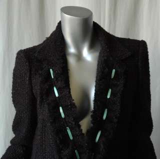   Long Black Boucle Tweed Ruffle Aqua Ribbon Trim Coat Jacket 40  
