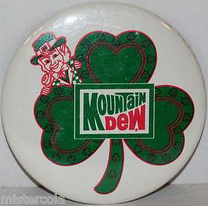 Mountain Dew pinback button clover leaf and Irishman  