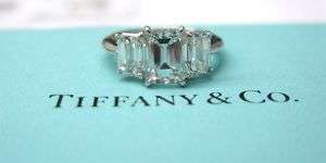 Tiffany & Co PLAT 3Stone Emerald Cut Diamond Ring 2.98C  