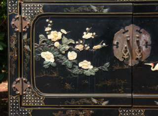   OLD BLACK LACQUER CABINET APPLIED CARVED JADE IVORY COURT SCENE  