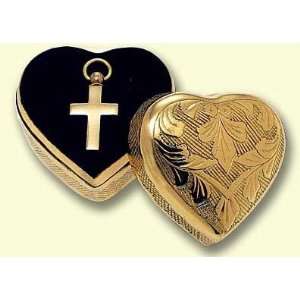  Gold Engraved Heart Box with Brass Cross Urn Pendant