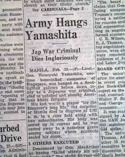1946 TOMOYUKI YAMASHITA Execution Hanging Old Newspaper  