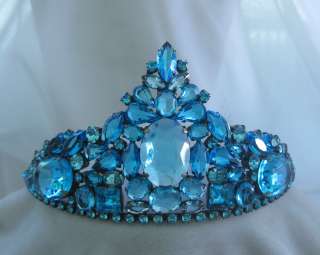 Openback Aqua Glass & Rhinestones Large Cluster Crown Tiara  