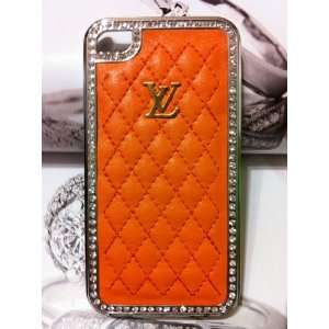 Luxury Designer Orange Leather Case with Crystals Back Iphone 4 Case 