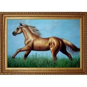  A Running Brown Horse in Green Field Oil Painting, with 
