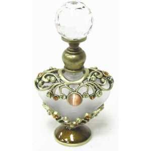    Glass Perfume Bottle Amber Green Stones Heart Shape
