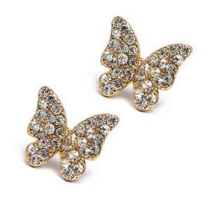  Fashion Crystal Pave Butterfly Stud Earrings Clear Gold 