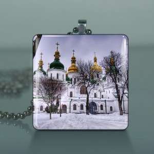 Snow Covered Church Glass Tile Necklace Pendant 599  