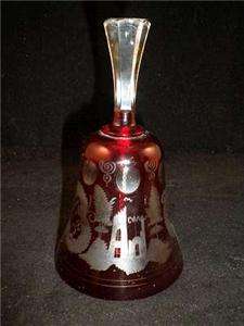Vintage CRANBERRY Cut to Clear GLASS BELL Castle & Bird Scene  