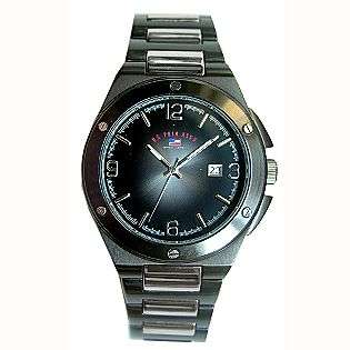 Mens Calendar Date Watch with Round Silvertone Case, Black Dial & ST 