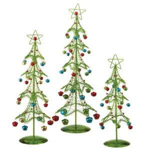  Set of 3 Shiny Green Metal Trees with Bells Table Top 