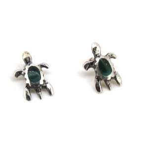    Sterling Silver Mini Malachite Turtle Earrings on Posts: Jewelry