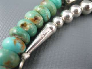   Sterling Cube Bead & Green Webbed Carico Lake Turquoise Bead Necklace