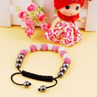 Pink/White Braid Bracelet Chain 10mm(11p) Disco Crystal Ball Hematite 