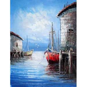    Fishing Boat on Port Oil Painting 16 x 12 inches: Home & Kitchen