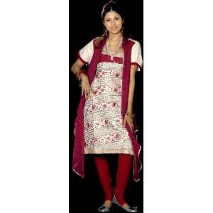 Ivory and Purple Designer Salwar Kameez Fabric with Persian Embroidery 