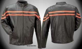 Mens Solid Black Leather Jacket with Orange Stripes NEW  