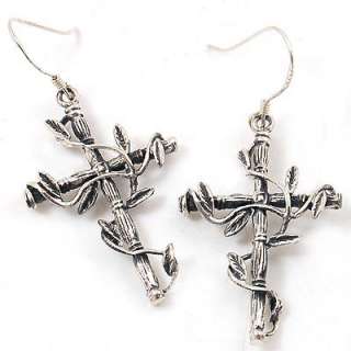 925 Sterling Silver Carved Cross Vintage Style Earring  