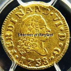 PCGS AU55 CERTIFIED 1758 SPANISH GOLD 1/2 ESCUDO DOUBLOON  