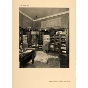  1906 Art Nouveau Study Bear Rug Bookcase Design Print 