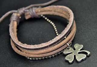 Lucky Clover Surfer Vintage Leather Charm Bracelet Cuff  