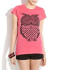 Bright Pink (Pink) Bright Pink Teardrop Owl Print T Shirt  257729976 