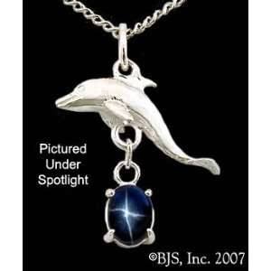 Dolphin Gemstone Necklace, 14k White Gold, Star Diopside set gemstone 