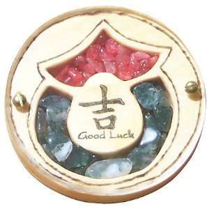   Unique Gemstone and Wooden Amulet Good Luck Magnet In Green Moss Agate