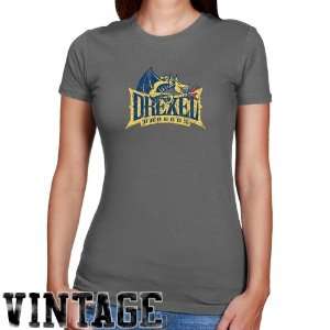 Drexel Dragons Ladies Charcoal Distressed Logo Vintage Slim Fit T 