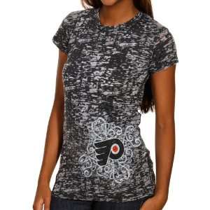   Ladies Scroll Burnout Premium Crew T shirt   Black: Sports & Outdoors