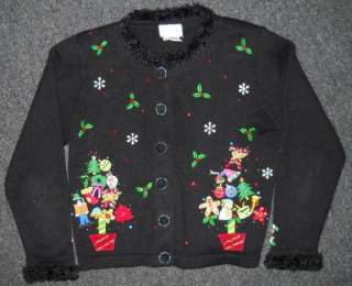 Womens Black Cardigan Ugly Christmas Sweater Fur Med  