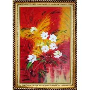  White Flowers in Red Background Oil Painting, with Linen 
