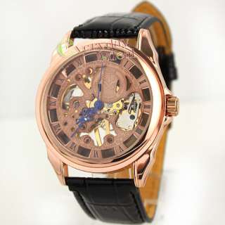 New Rose Golden Case See Through Mechanical MENS Wrist Watch Leather 