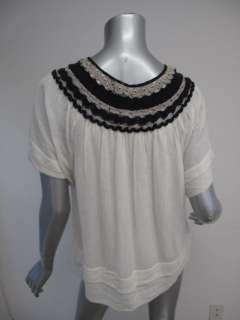 Phillip Lim Ivory/Navy/Silver Crochet Neck Latered Blouse 6  