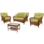   Brown All Weather Wicker 4 Piece Patio Seating Set with Green Cushions