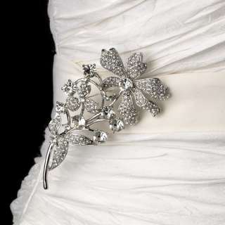 White Or Ivory Wedding Bridal Belt Sash & Silver Clear Vintage Flower 