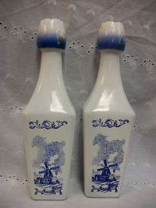 Vintage White Blue Painted Glass Windmill Liquor Bottle  