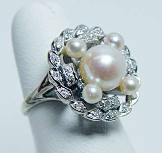   White Gold Pearl VS EF Colorless Diamond Ring Estate Jewelry  